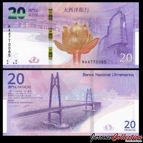 MACAO - BNU - Billet de 20 Patacas - 20e anniversaire du retour de Macao en Chine (1999-2019) - 2019 – JeromeCollection