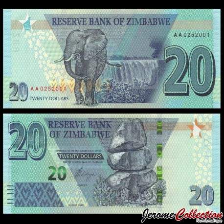 ZIMBABWE - Billet de 20 Dollars - Éléphant - 2020