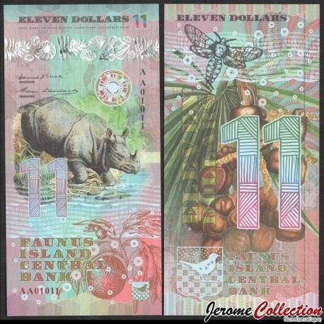 FAUNUS ISLAND - Billet de 11 DOLLARS - Rhinocéros - 2020 – 0011 – JeromeCollection