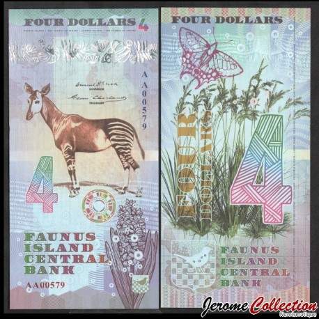 FAUNUS ISLAND - Billet de 4 DOLLARS - Okapi - 2020 – 0004 – JeromeCollection