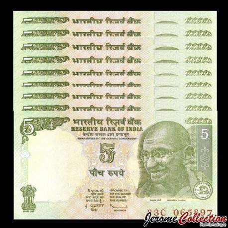 INDE - Lot de 10 Billets de 5 Roupies - Mahatma Gandhi - Lettre R - 2011 – P94A6 – JeromeCollection