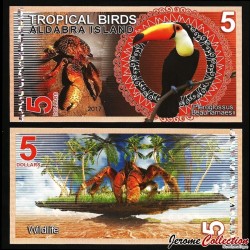 ALDABRA ISLAND - Billet de 5 DOLLARS - Araçari de Beauharnais / Crabe - 2017
