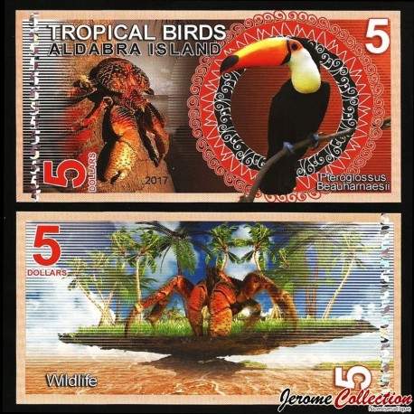 ALDABRA ISLAND - Billet de 5 DOLLARS - Araçari de Beauharnais / Crabe - 2017