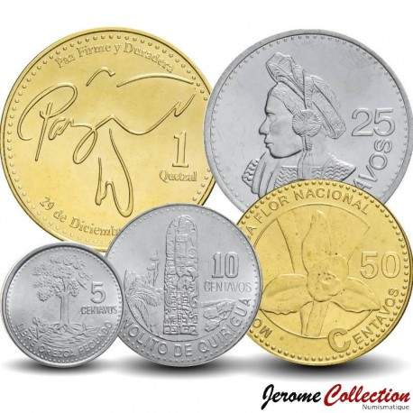 GUATEMALA - SET / LOT de 5 PIÈCES - 5 10 25 50 Centavos 1 Quetzal - 2010 / 2022 – Km276 277 283 284 294 –