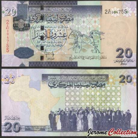 LIBYE - Billet de 20 Dinars - Mouammar Kadhafi avec des membres de l'OUA - 2009 – P74 – JeromeCollection