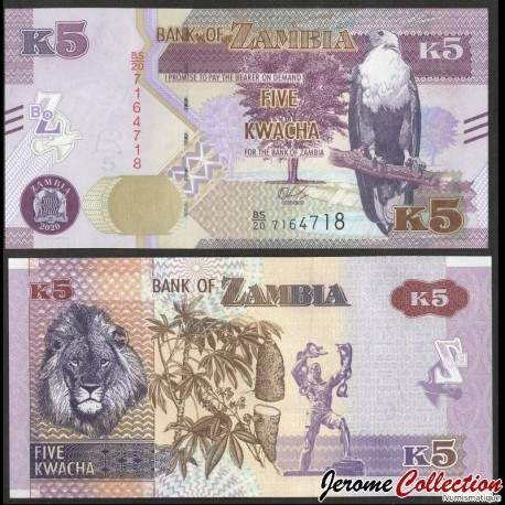 ZAMBIE - Billet de 5 Kwacha - Lion - 2020 – P57c – JeromeCollection