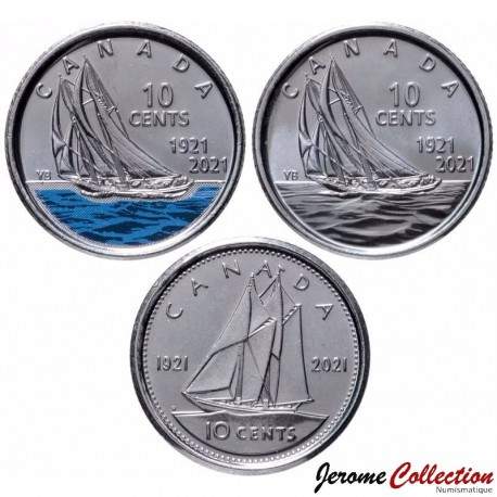 CANADA - SET / LOT de 3 PIECES de 10 CENTS - 100e anniversaire du Bluenose - 2021 – KM3081 KM3083 KM3083.1 –