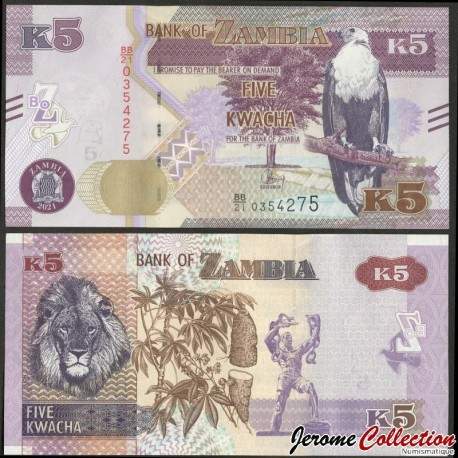 ZAMBIE - Billet de 5 Kwacha - Lion - 2021 – P57d – JeromeCollection