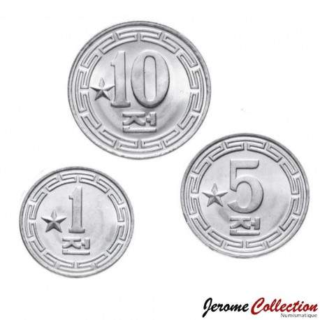 COREE DU NORD - SET / LOT de 3 PIECES de 1 5 10 CHON - Version ETOILE - 1959 1974 – Km9 10 11 – JeromeCollection