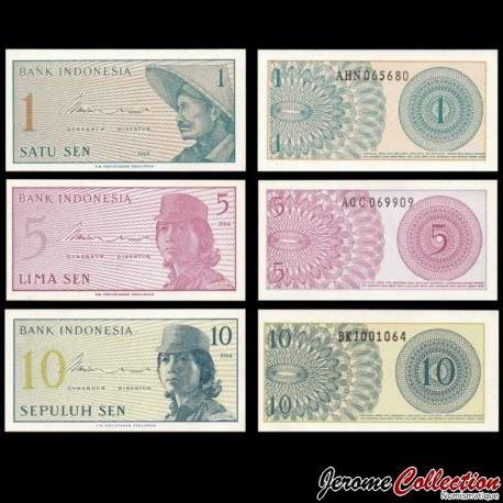 INDONESIE - SET / LOT de 3 Billets de 1 5 10 Sen - 1964 – P90 91 92 – JeromeCollection