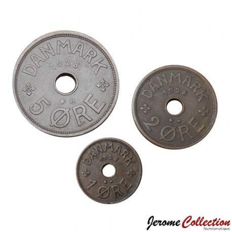 DANEMARK - SET / LOT de 3 PIECES de 1 2 3 Ore - Christian X - 1928 – Km826 827 828 – JeromeCollection