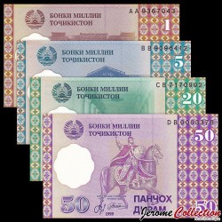 TADJIKISTAN - SET / LOT de 4 Billets de 1 5 20 50 Dirams - 1999