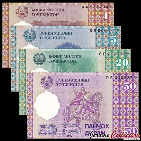 TADJIKISTAN - SET / LOT de 4 Billets de 1 5 20 50 Dirams - 1999 – P10 11 12 13 – JeromeCollection