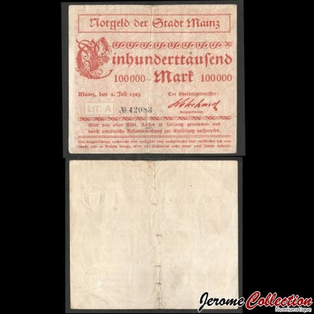 ALLEMAGNE - NOTGELD - Ville de Mayence (Mainz) - Billet de 100000 Mark - 2.07.1923 – N359193 – JeromeCollection