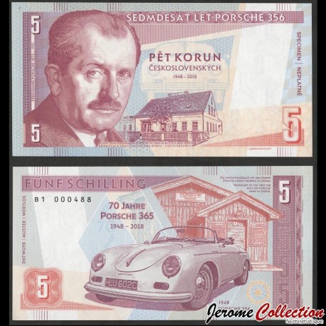 TCHÉCOSLOVAQUIE - Billet de 5 Korun - Ferdinand Porsche - 70 ans de la Porsche 356 - 2019 – Porsche356 - Gabris –