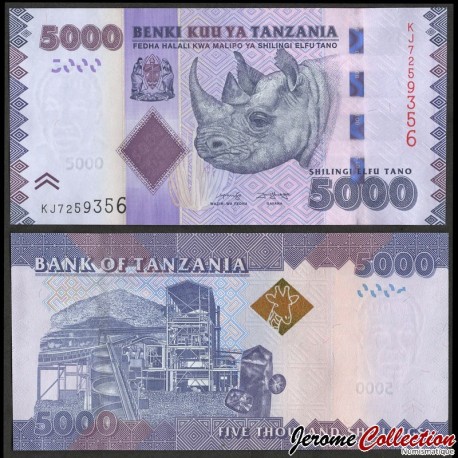 TANZANIE - Billet de 5000 Shillings - Rhinocéros - 2020 – P43c – JeromeCollection