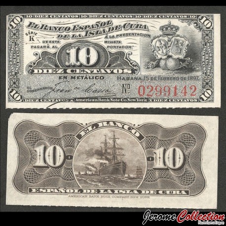 CUBA / Banco Español de la Isla de Cuba - Billet de 10 Centavos - Bateau - 1897 – P52 – JeromeCollection