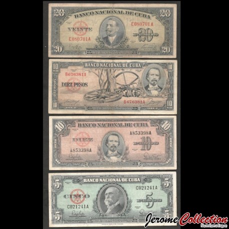 CUBA - Lot de 4 Billets de 5 10 10 20 Pesos - Gomez / Cespedes / Maceo - 1949 / 1956 / 1960 – P79 P80 P88 P92 –