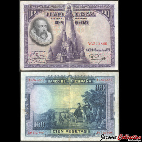 ESPAGNE - Billet de 100 Pesetas - Miguel de Cervantes / Don Quichotte - Série A - 1928 – P76a – JeromeCollection