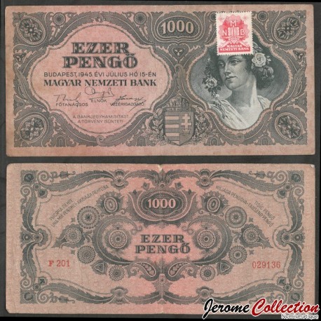 HONGRIE - Billet de 1000 Pengő (avec timbre) - Portrait d'une femme - 15.07.1945 – P118b – JeromeCollection