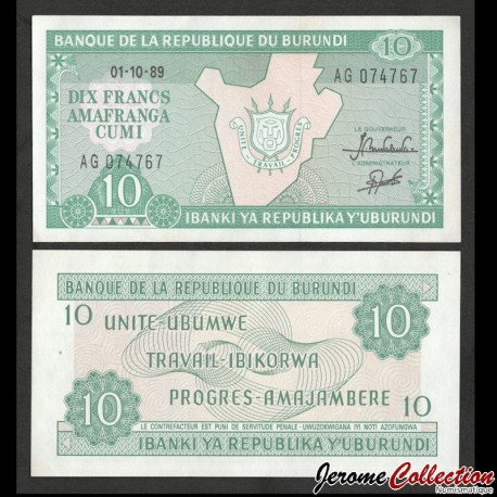 BURUNDI - Billet de 10 Francs -01-10-1989 – P33b3 – JeromeCollection