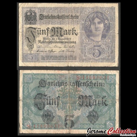 ALLEMAGNE / DARLEHENSKASSENSCHEINE - Billet de 5 Mark - 01.08.1917 – P56a – JeromeCollection