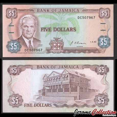 JAMAIQUE - Billet de 5 Dollars - Norman Manley - 1.8.1992 – P70d2 – JeromeCollection