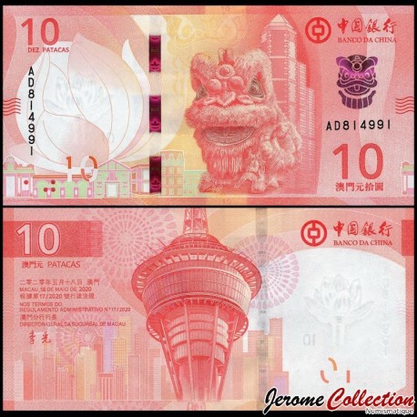 MACAO - Banque de Chine - Billet de 10 Patacas - Tour Macao - 18.05.2020 – P129 – JeromeCollection