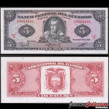 EQUATEUR - Billet de 5 Sucres - Antonio José de Sucre - IB - 1988 – P113d3 – JeromeCollection