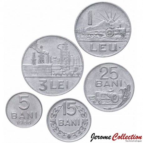 ROUMANIE - SET / LOT de 5 PIECES - 5 15 25 BANI 1 3 LEI - 1966 – Km92 93 94 95 96 – JeromeCollection