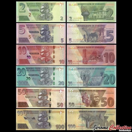 ZIMBABWE - SET / LOT de 6 Billets de 2 5 10 20 50 100 Dollars - Animaux - 2019 / 2020 – P101 102 103 104 105 106 –