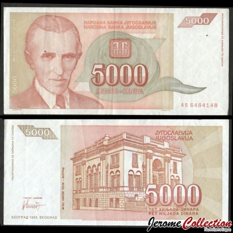 YOUGOSLAVIE - Billet de 5000 Dinara - Nikola Tesla - 1993 – P128 – JeromeCollection