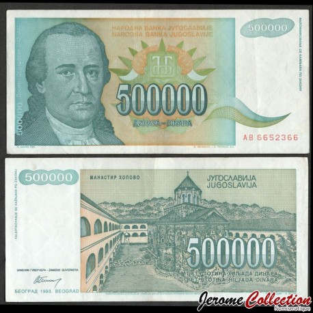 YOUGOSLAVIE - Billet de 500000 Dinara - Dositej Obradović - 1993 – P131 – JeromeCollection