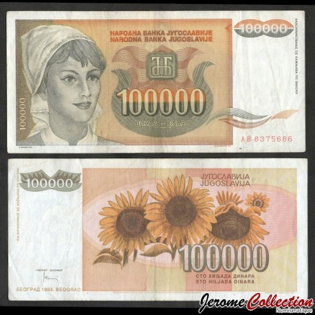 YOUGOSLAVIE - Billet de 100000 Dinara - Tournesols - 1993 – P118 – JeromeCollection