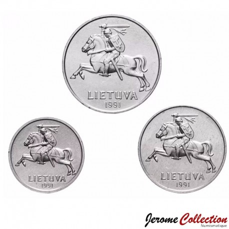 LITUANIE - SET / LOT de 3 PIECES de 1 2 5 Centai - Le chevalier Vytis - 1991 – Km85 86 87 – JeromeCollection