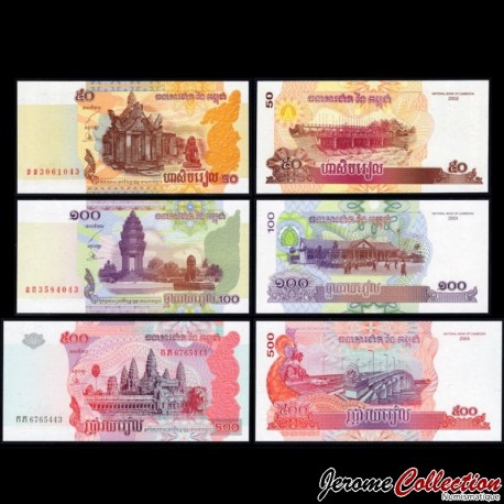 CAMBODGE - SET / LOT de 3 Billets de 50 100 500 Riels - 2001 / 2004 – P52 53 54b – JeromeCollection