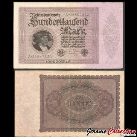 ALLEMAGNE / REICHSBANKNOTE - Billet de 100000 Mark - 8 CH - Portrait de Georg Giese - 01.02.1923 – P83a –