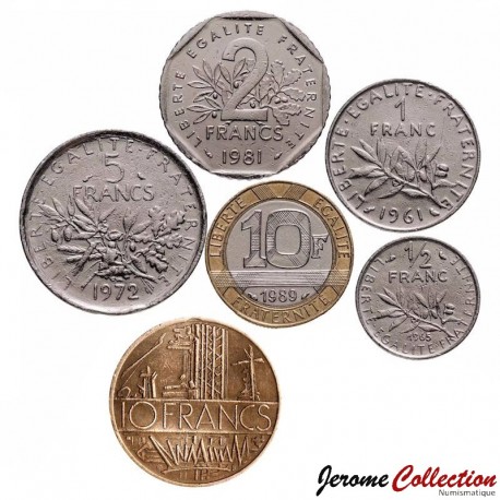 FRANCE - SET / LOT de 6 PIECES de 1/2 1 2 5 10 Francs - 1959 / 2001 – Km925 926 931 940 942 964 – JeromeCollection
