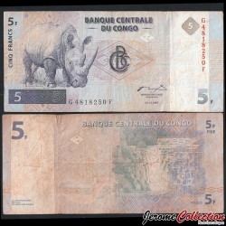 CONGO - Billet de 5 Francs - Rhinocéros Blanc (Hôtel des monnaies) - 1997 – P86A – JeromeCollection