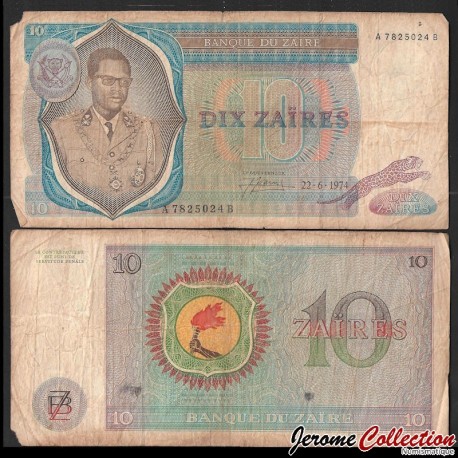 ZAIRE - Billet de 10 Zaïres - Mobutu - (Date rare) - 22.06.1974 – P23a2 – JeromeCollection