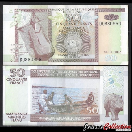 BURUNDI - Billet de 50 Francs - Hippopotame - 1.11.2007 – P36g – JeromeCollection