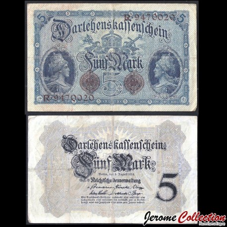 ALLEMAGNE / DARLEHENSKASSENSCHEINE - Billet de 5 Mark - 7 CH - 05.08.1914 – P47b – JeromeCollection