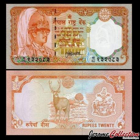 NÉPAL - Billet de 20 Roupies - Cerf Sambar - 1995