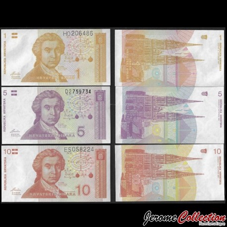 CROATIE - SET / LOT de 3 Billets Différents - 1 5 10 Dinara - Ruder Bosković - 1991 – P16 17 18 – JeromeCollection