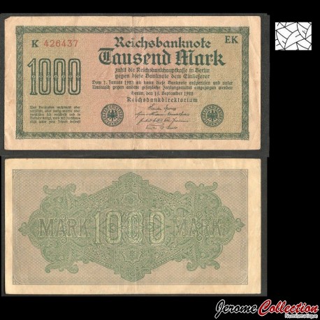 ALLEMAGNE / REICHSBANKNOTE - Billet de 1000 Mark - 2 Lettres (GRAND / petit) / 6 chiffres rouges - 1922 – P76b –