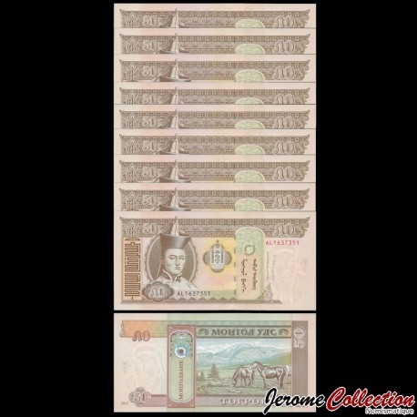 MONGOLIE- Lot de 10 Billets de 50 Tögrög - Sukhe Bataar / Chevaux - 2013 – P64c – JeromeCollection