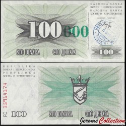 BOSNIE HERZEGOVINE - Billet de 100000 Dinara (Vert) - Tampon TRAVNIK : 15.10.1993