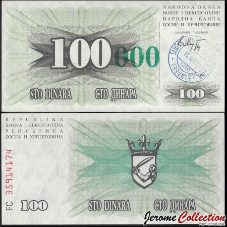 BOSNIE HERZEGOVINE - Billet de 100000 Dinara (Vert) - Tampon TRAVNIK: 15.10.1993 – P56a – JeromeCollection