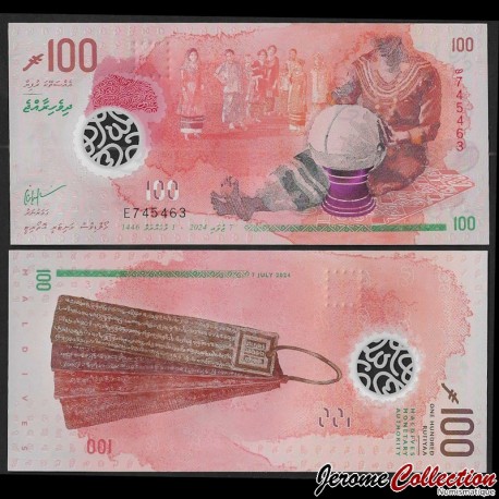 MALDIVES - Billet de 100 Rufiyaa (Nouveau symbole) - Habitants en tenue traditionnelle - 2024 – P36a – JeromeCollection