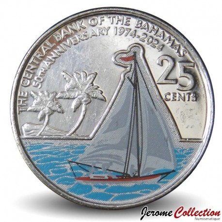 BAHAMAS - PIECE de 55 CENTS - 50 ans de la Banque centrale des Bahamas - Colorisée - 2024 – Km251 – JeromeCollection
